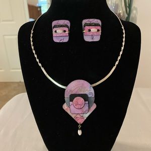 Hand painted Silk Necklace & Earrings by Artist Suzanne Bellows